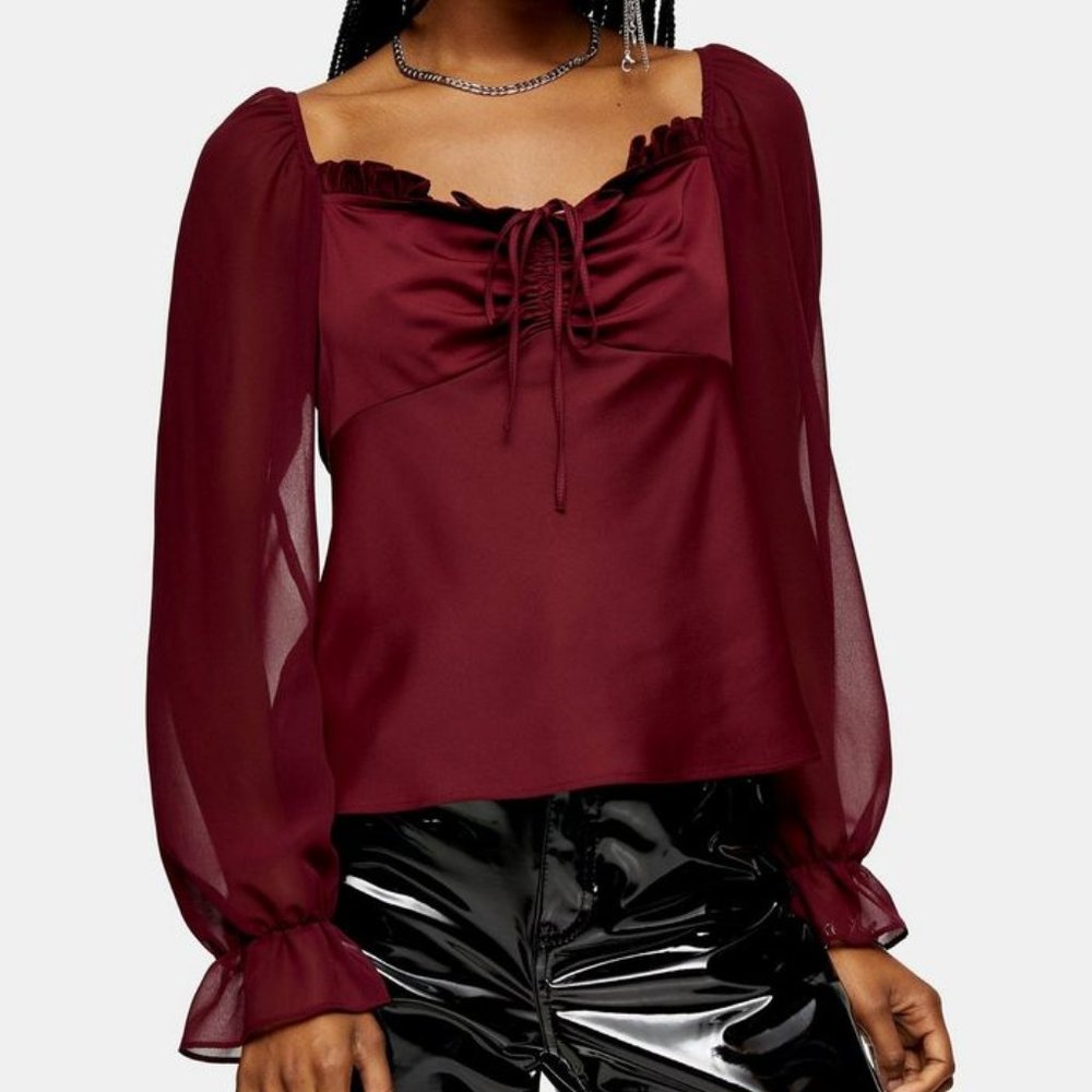 NWT Topshop Maroon Palermo Chiffon Sleeve Top 90s